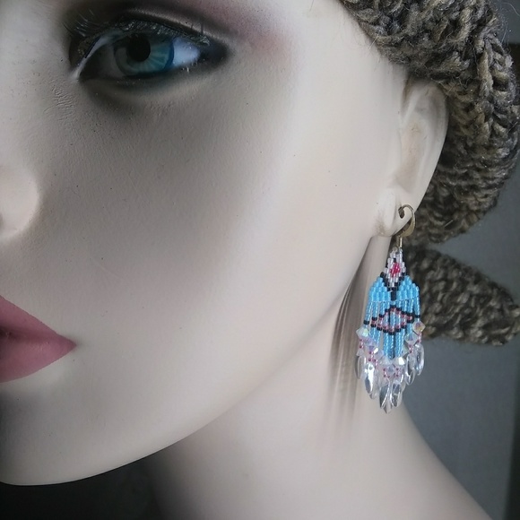 🔥SOLD🔥 at Comanche Pow Wow Handmade Swarovski Turquoise Pink Earrings - Picture 4 of 7